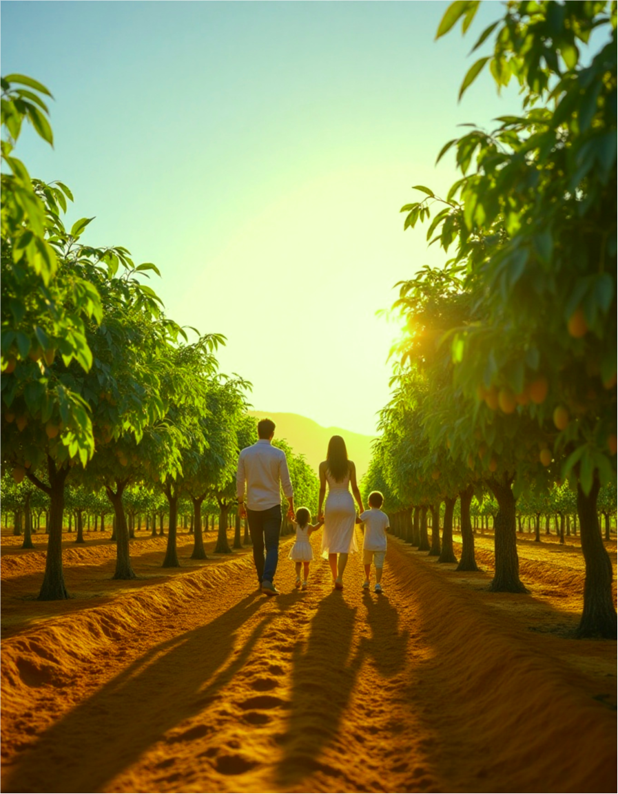 A scenic mango farmland during golden hour, with rows of healthy mango trees in red soil, a clear blue sky above, and a family walking through the farm looking happy and relaxed. Include a distant view of a farmhouse, drip irrigation system, and some ripe mangoes hanging from trees. The atmosphere should feel peaceful, abundant, and eco-friendly, capturing both nature and investment vibe