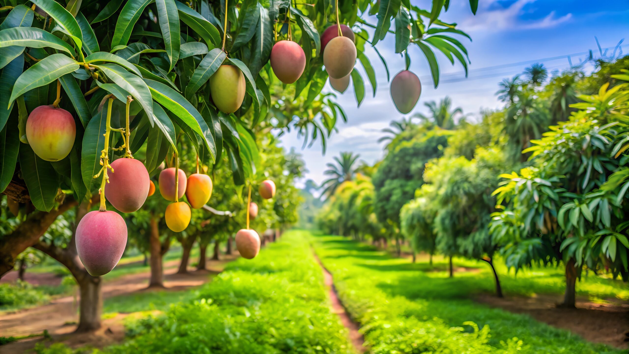 A vibrant mango orchard featuring Imam Pasand mango trees in a well-maintained mango garden, part of a lush farmland practicing eco farming and hydroponics farming techniques. Showcasing some of the best mango varieties in Tamil Nadu, this mango farmland is ideal for those looking into a mango farm for sale.