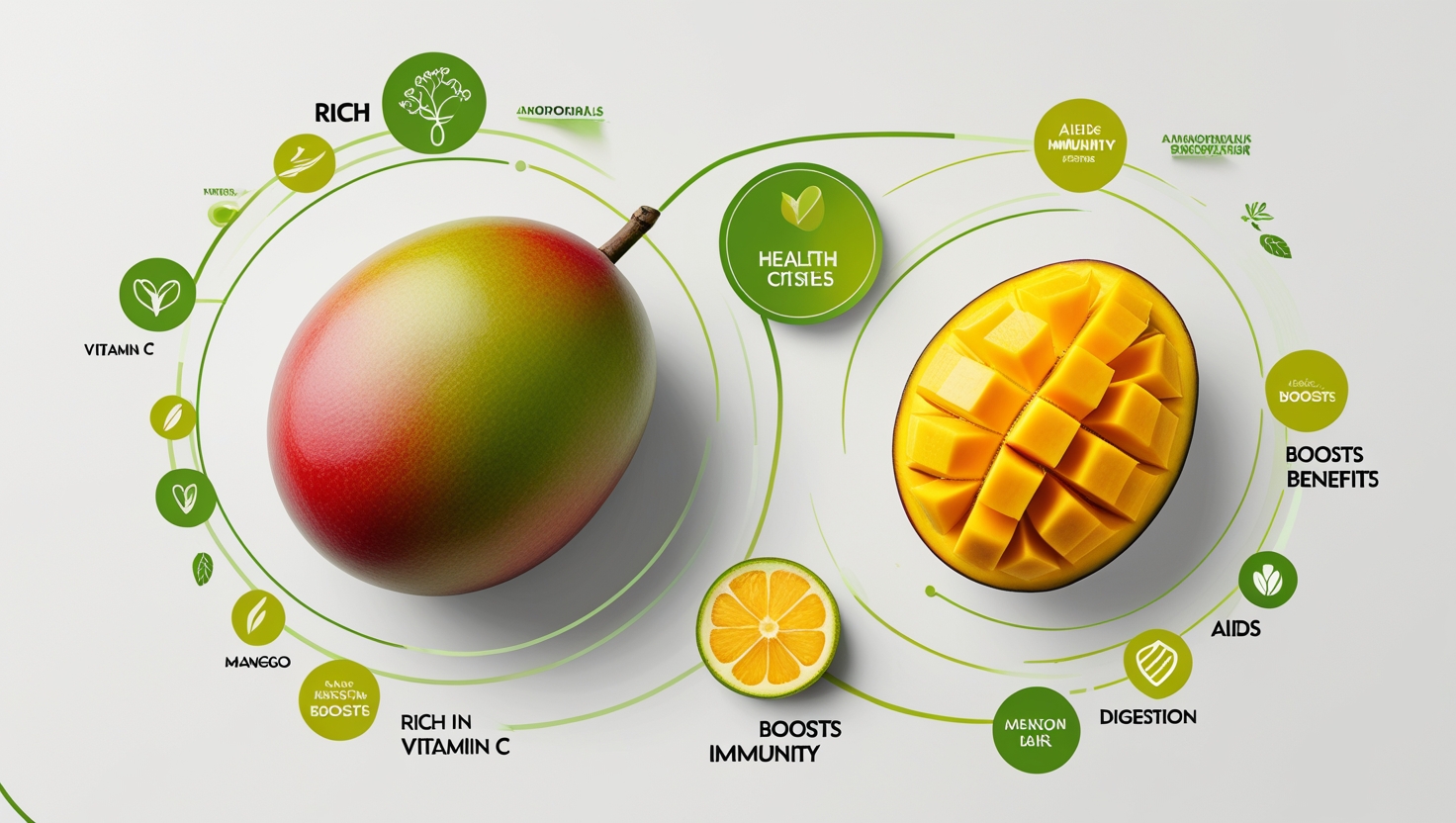 Infographic showing mango nutrition facts, including benefits like vitamin C, immunity boost, and digestion support